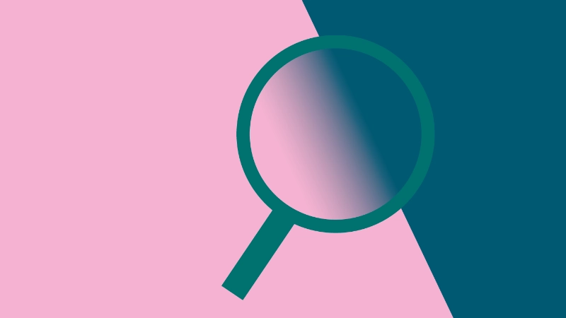 grüne Lupe vor pink-petrol Hintergrund zeigt Farbverlauf