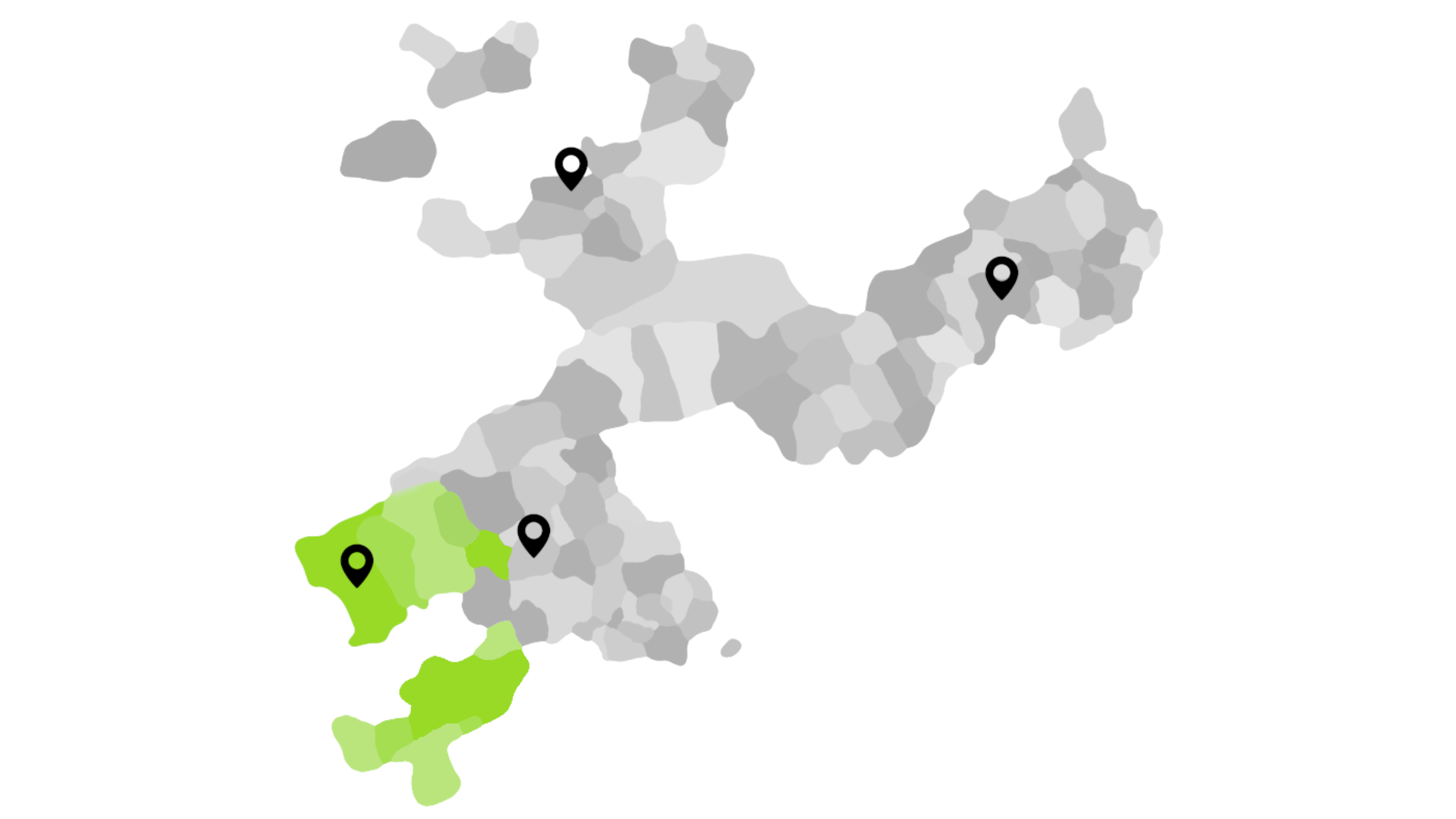 Die Pro Senectute Fachstelle in Grenchen ist für die umliegenden Gemeinden der Bezirke Bucheggberg und Lebern zuständig, die auf dieser Karte des Kanton Solothurns grün gefärbt sind. 