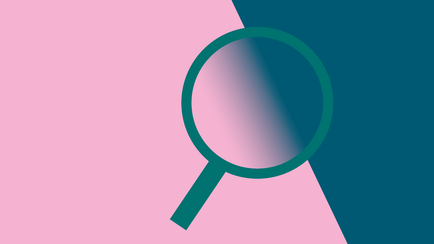 Piktogramm: Grüne Lupe auf pink-blauem Hintergrund