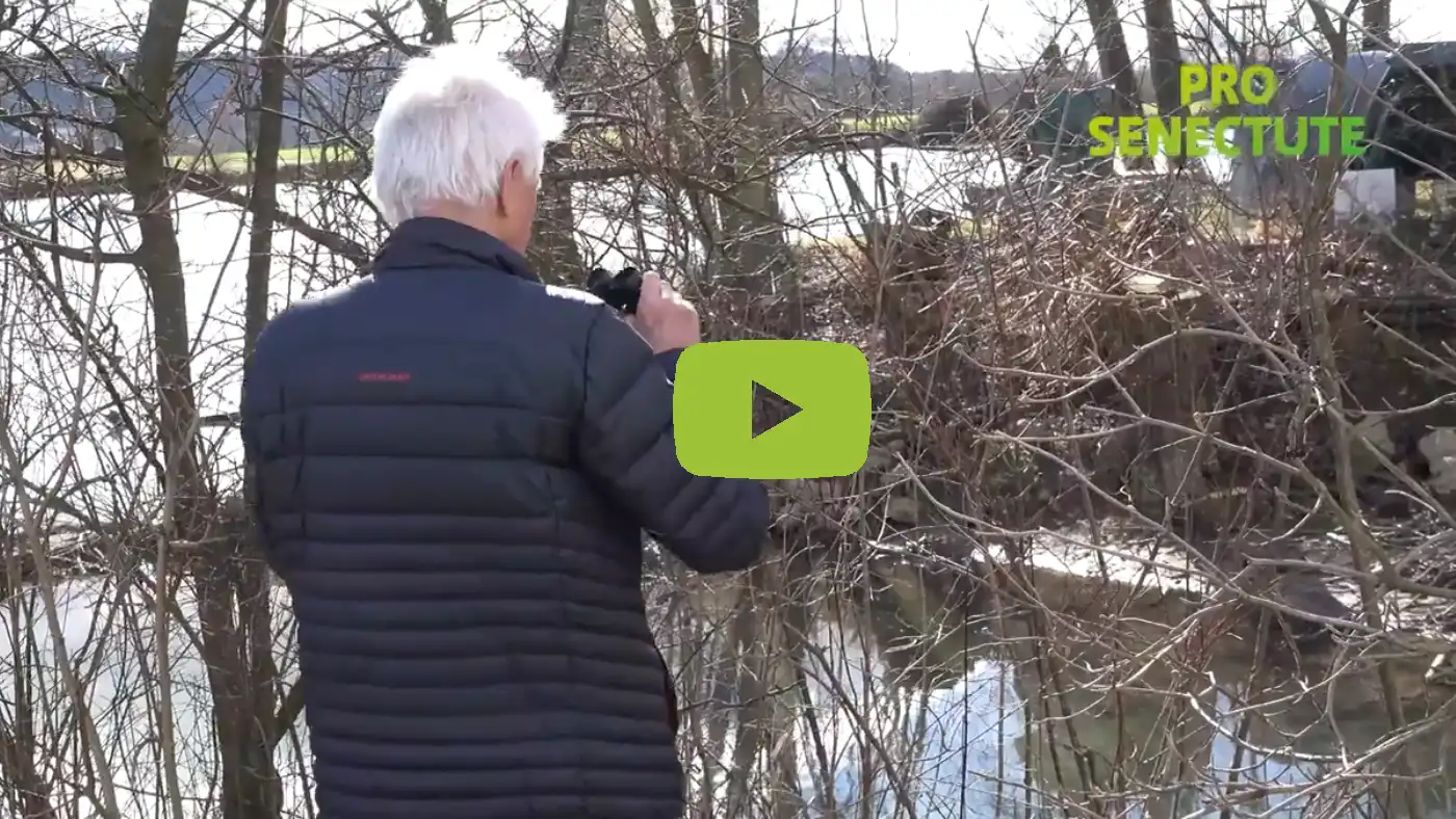 Mann mit Feldstecher am Wasser mit Bäumen