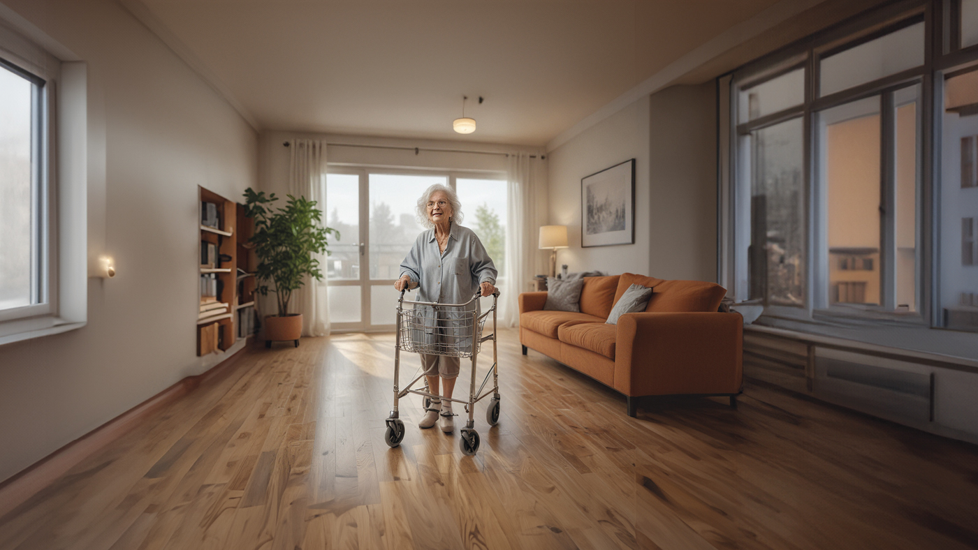 Une femme heureuse avec un déambulateur montre son magnifique appartement